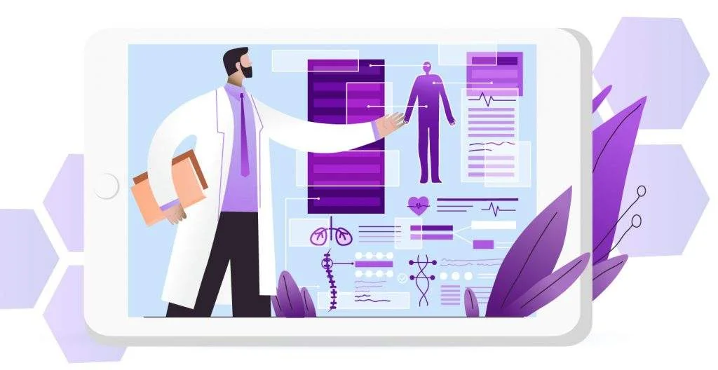 Tablet background. A doctor is displayed showing medical results.