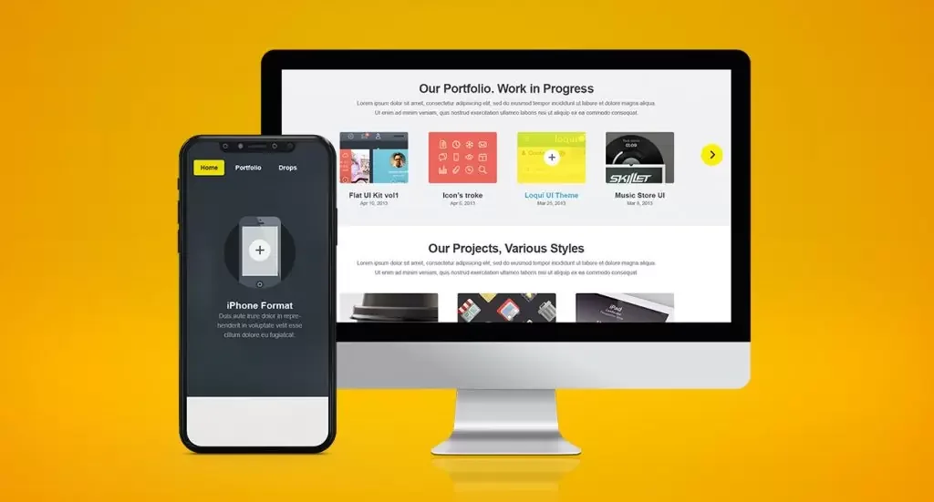 Yellow background image with pc and mobile.