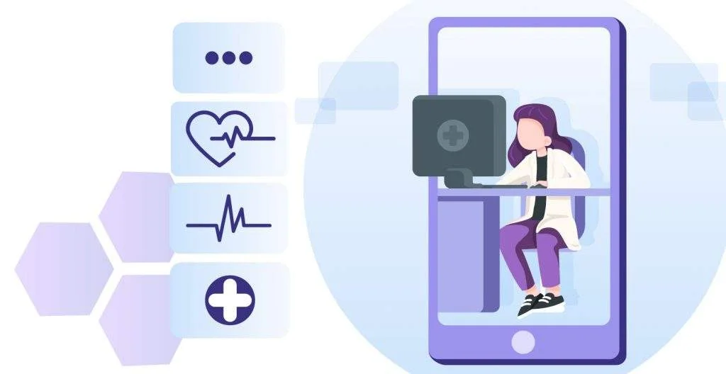 Iconos médicos más un teléfono celular con una doctora revisando la computadora en la pantalla